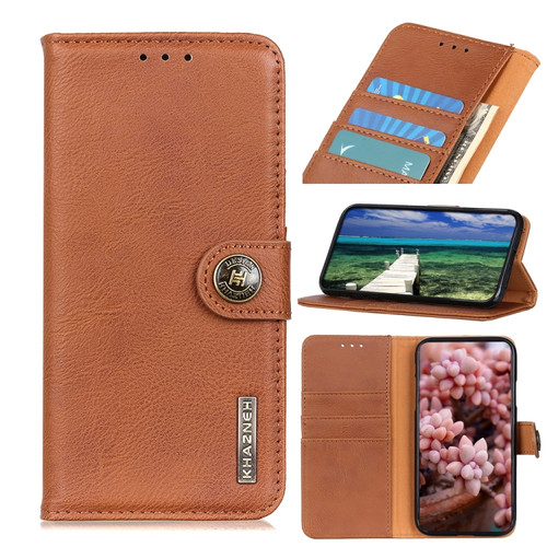 Samsung Galaxy A14 5G KHAZNEH Cowhide Texture Horizontal Flip Leather Phone Case - Brown